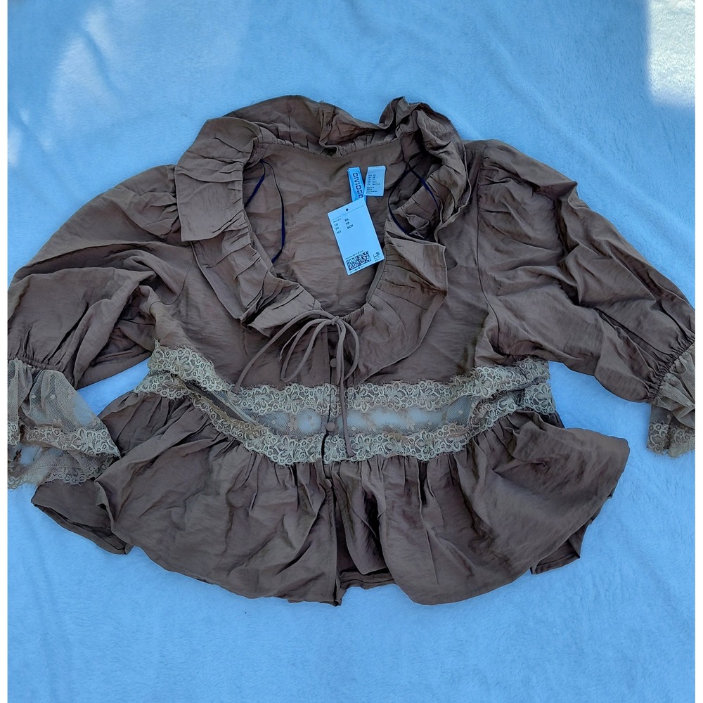 H&M Divided Brown Ruffle Lace Trim Peplum Blouse Top XS NWT Cottagecore